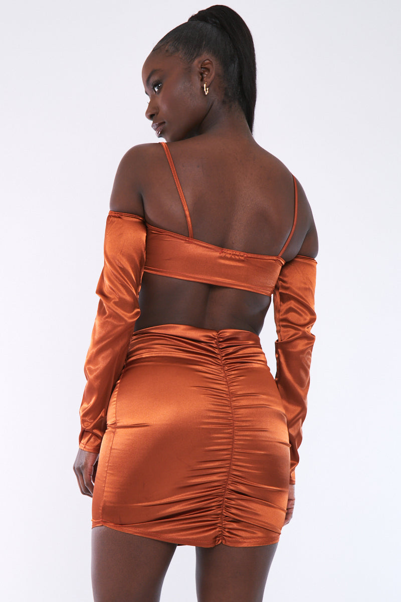Rust Satin Mini Rok met Voorplooien - Cora