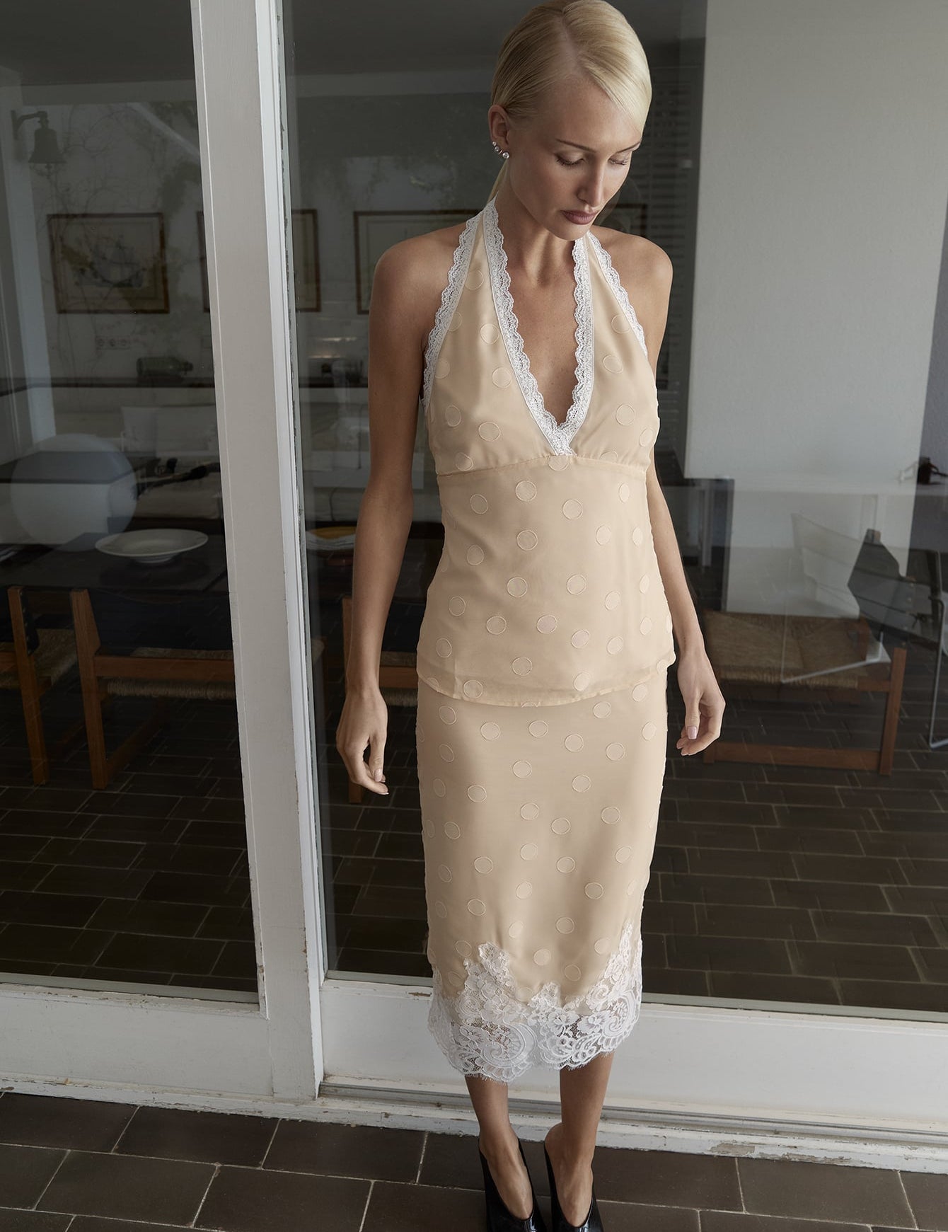 Midi Rok met Stippenprint en Kantdetail