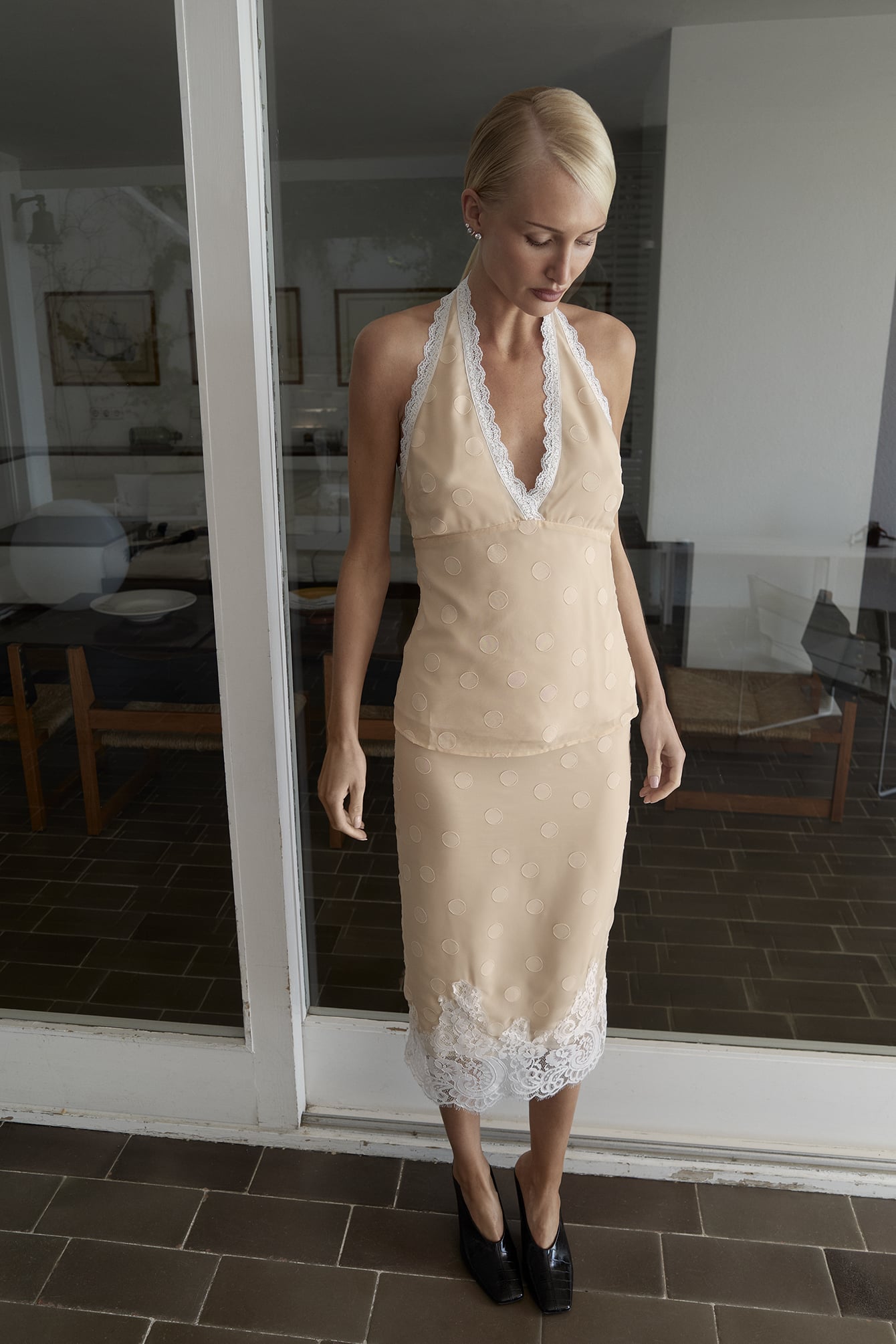Midi Rok met Stippenprint en Kantdetail