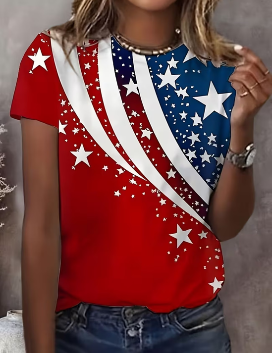 T-shirt korte mouwen zomer rood Independence Day print