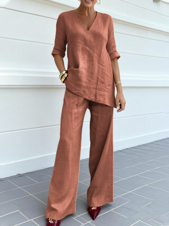 Casual Zomerset Korte Mouw Top met Broek – Effen Kleur