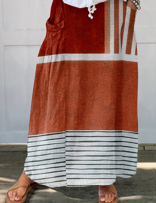 Linen Vintage Colorblock Rok - Losse Pasvorm