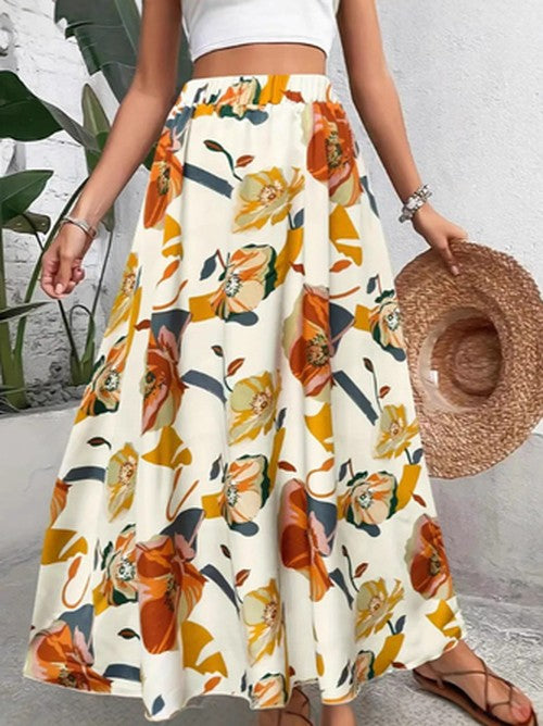 Bloemenprint Maxi Rok met Elastische Taille voor Zomer