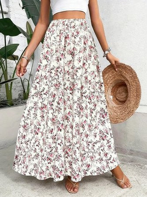 Bloemenprint Maxi Rok met Elastische Taille voor Zomer
