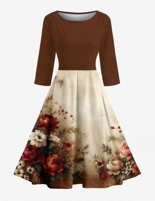 Vintage Bloemen A-lijn Jurk met Hawaii Ombre Dessin - Bruin