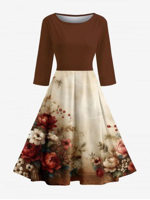 Vintage Bloemen A-lijn Jurk met Hawaii Ombre Dessin - Bruin