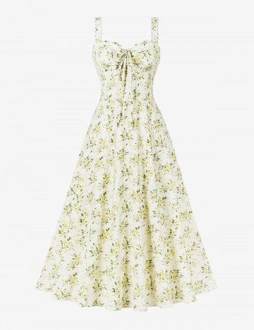 Gele jurk met bloemprint en strik - vintage stijl