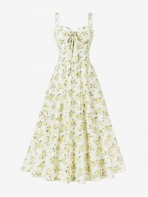 Gele jurk met bloemprint en strik - vintage stijl