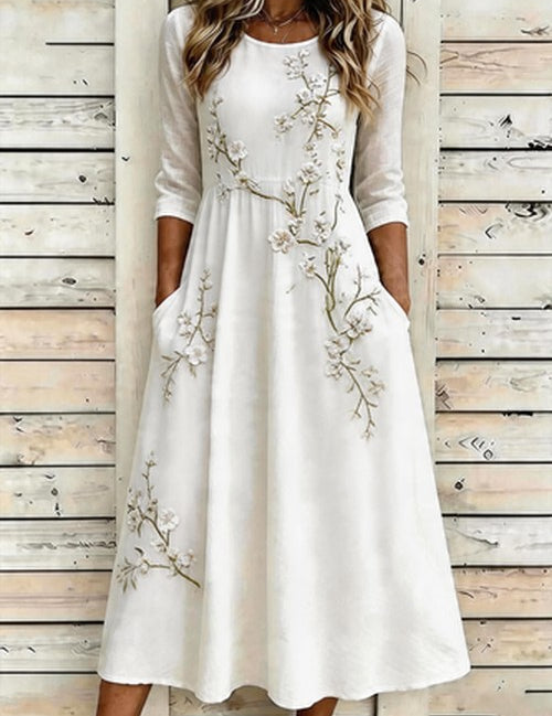 Groene Bloemen Boho A-lijn Midi Jurk met Korte Mouwen