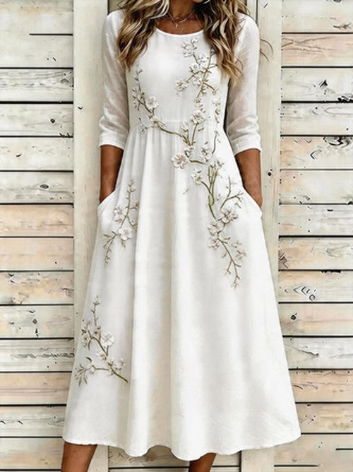 Groene Bloemen Boho A-lijn Midi Jurk met Korte Mouwen