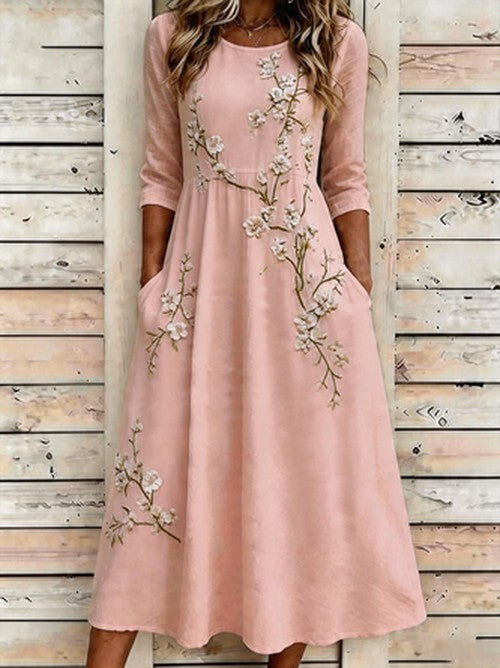 Groene Bloemen Boho A-lijn Midi Jurk met Korte Mouwen