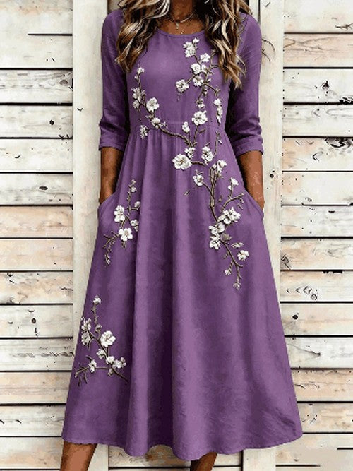 Groene Bloemen Boho A-lijn Midi Jurk met Korte Mouwen