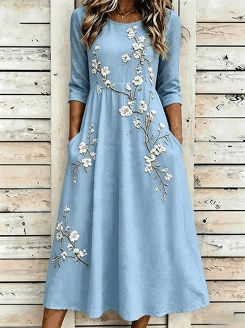 Groene Bloemen Boho A-lijn Midi Jurk met Korte Mouwen