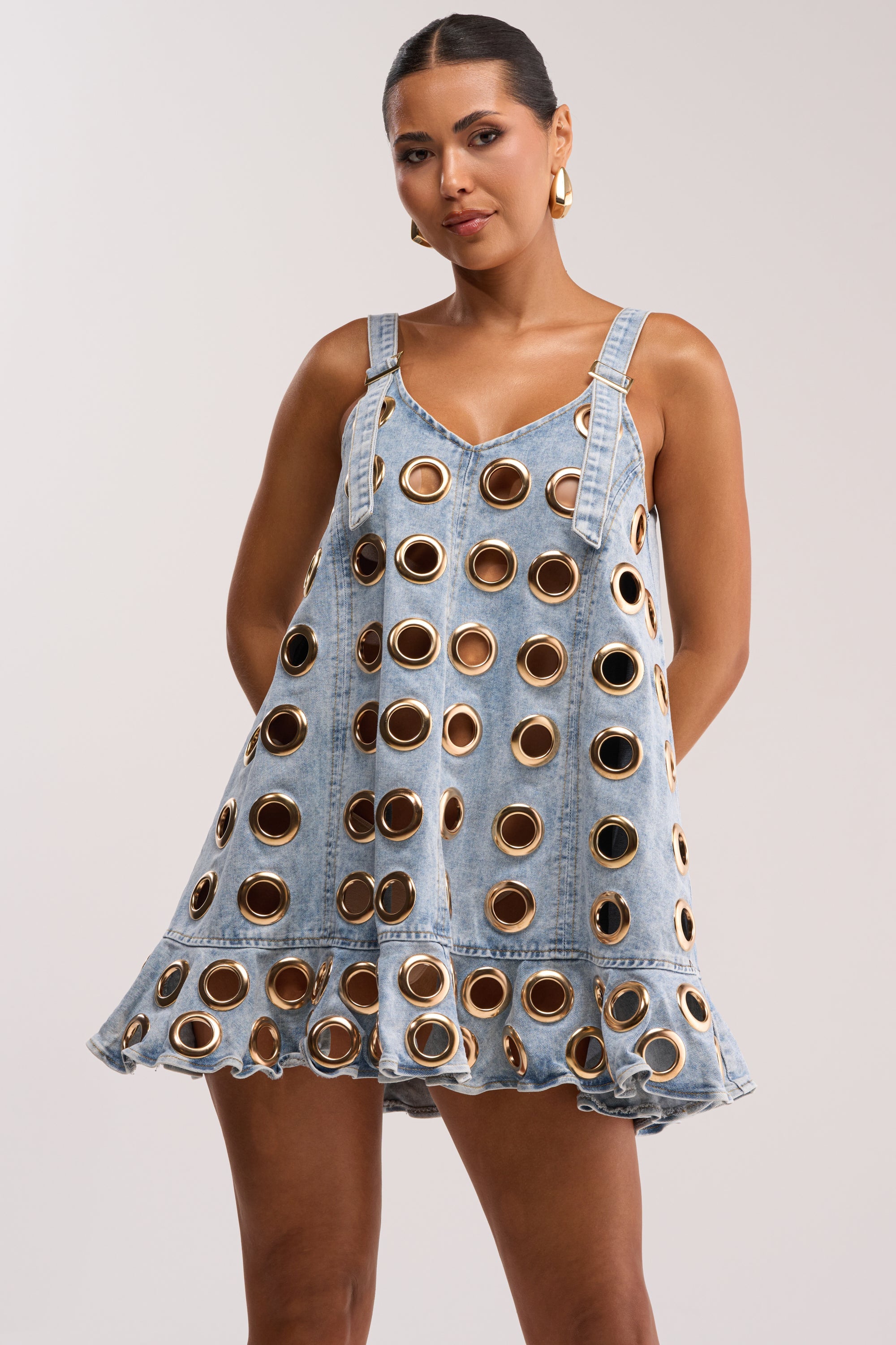 Grommet Mini Jurk in Licht Denim | Backstage Pass