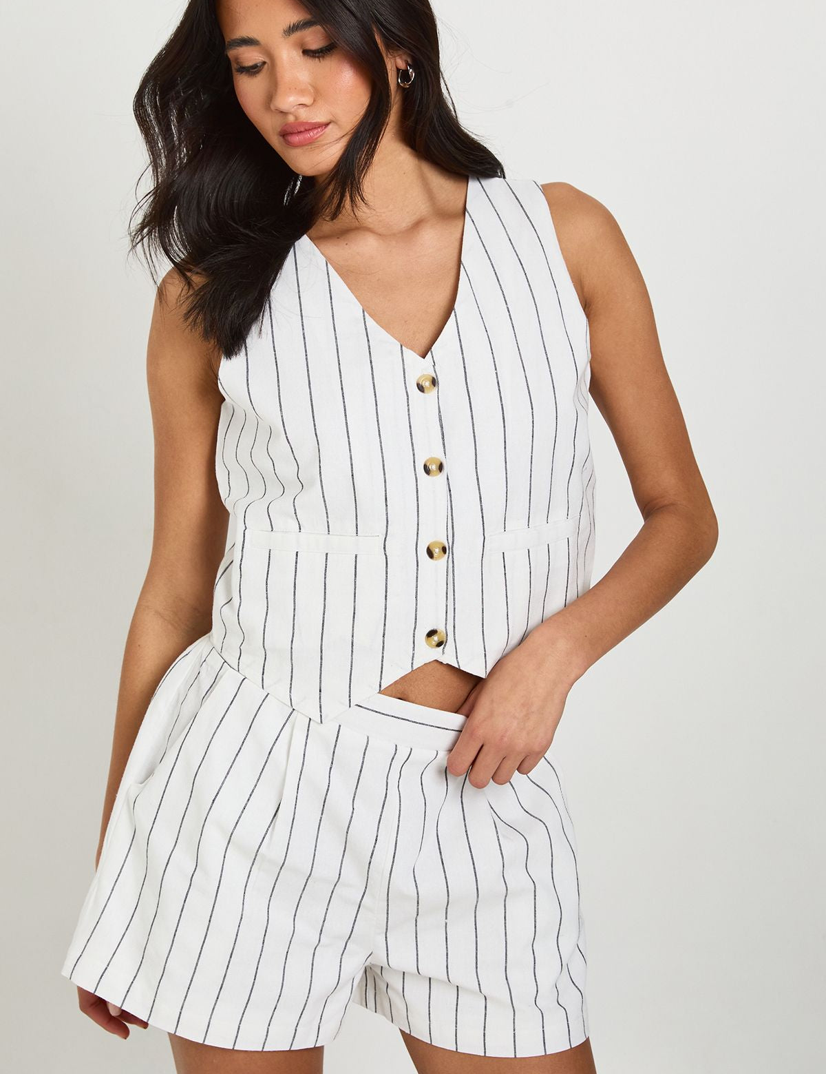 Linnen Gestreepte Gilet & Relaxed Shorts Set
