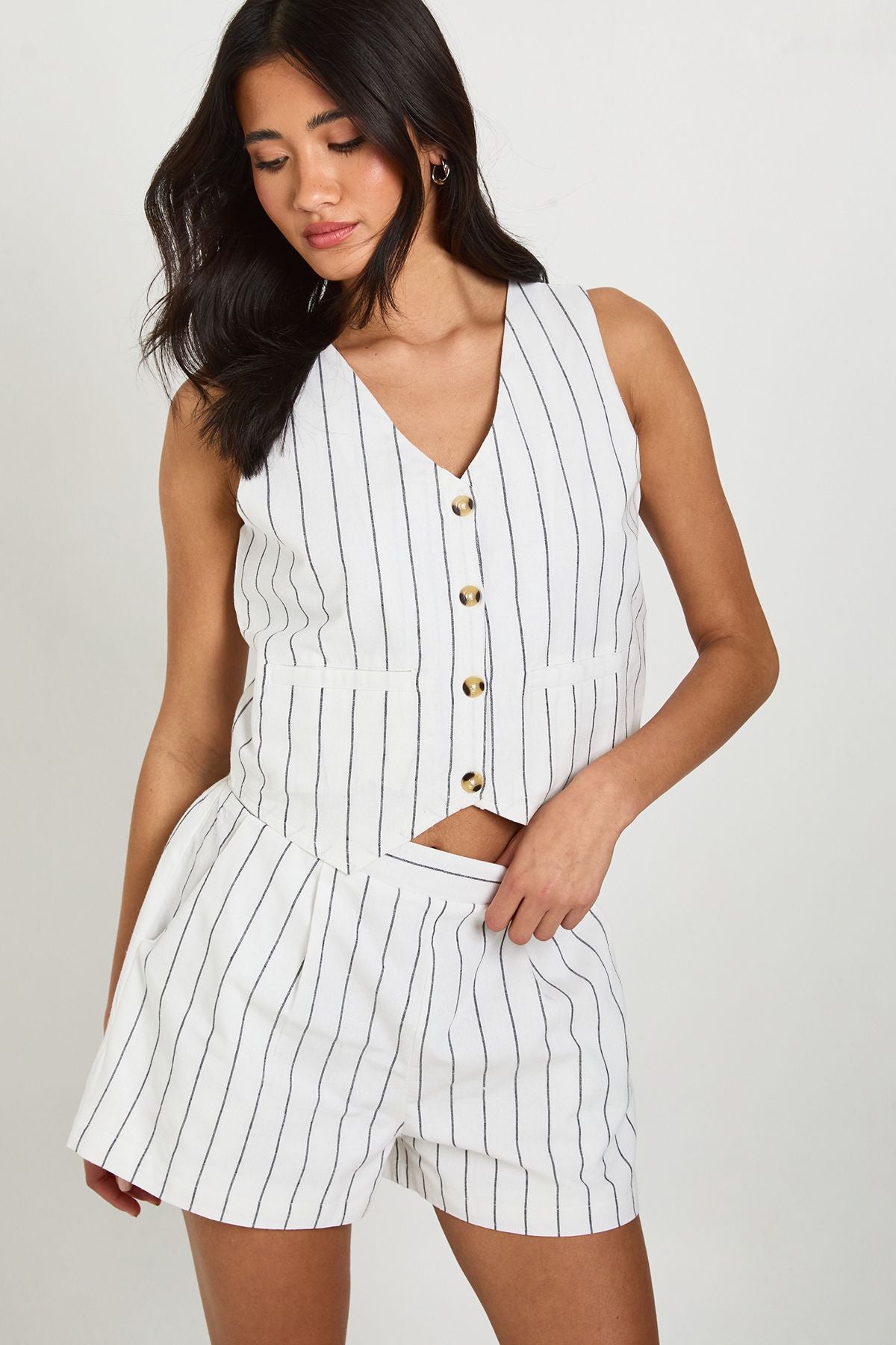 Linnen Gestreepte Gilet & Relaxed Shorts Set