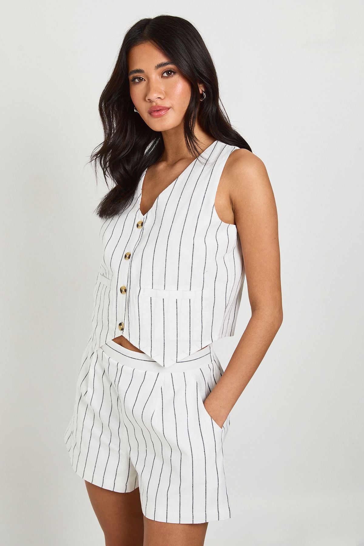 Linnen Gestreepte Gilet & Relaxed Shorts Set