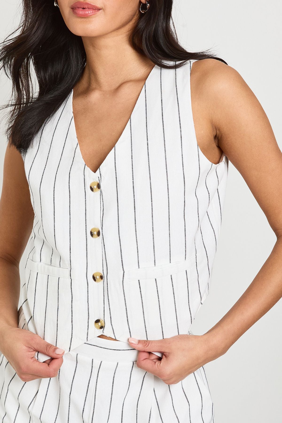 Linnen Gestreepte Gilet & Relaxed Shorts Set