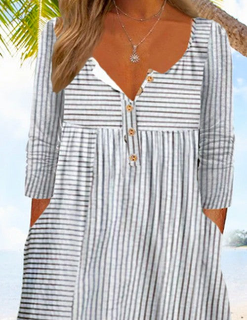 Gestreepte Casual Jurk met Half Open Kraag