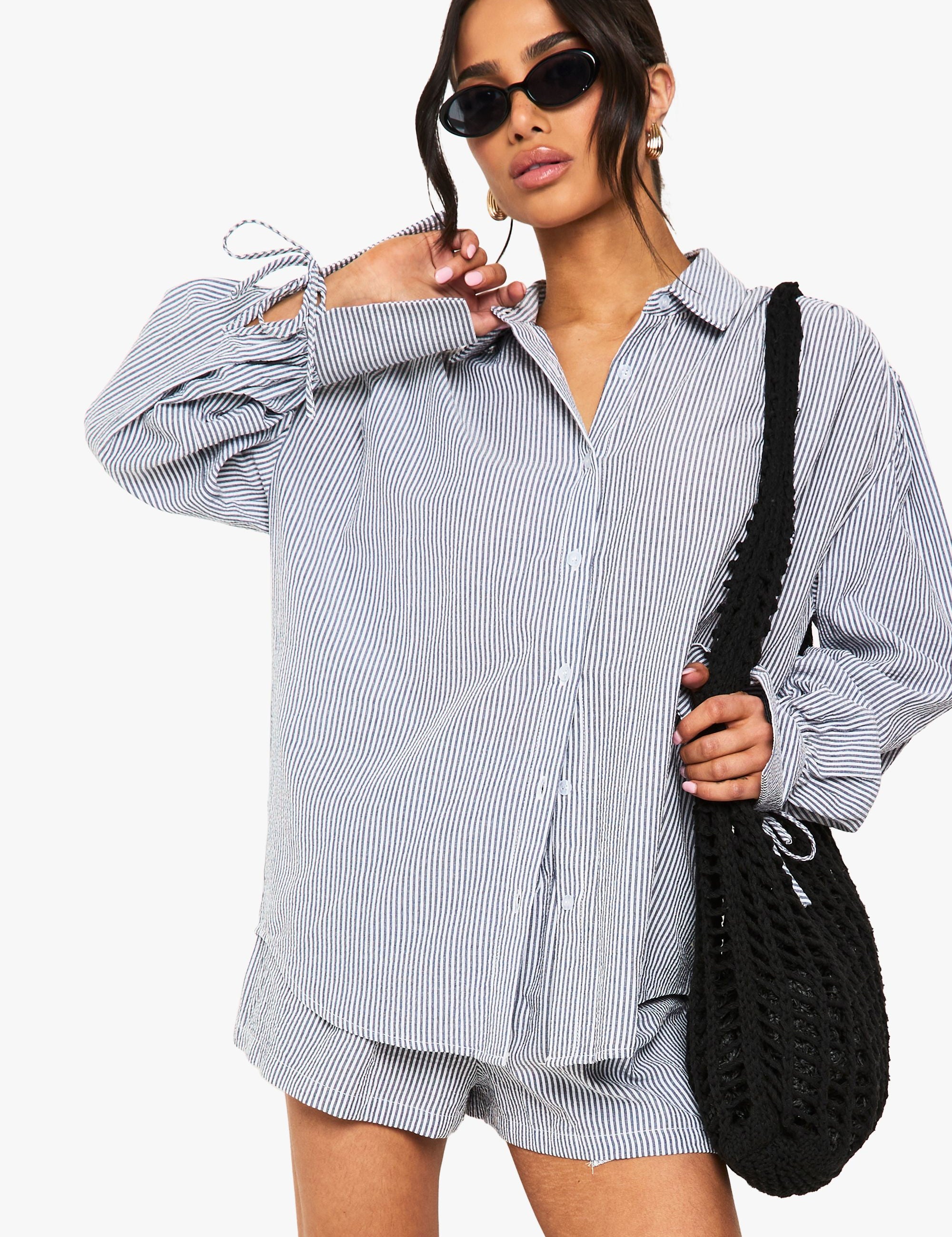 Petite Balloon Sleeve Striped Set met Shirt en Shorts