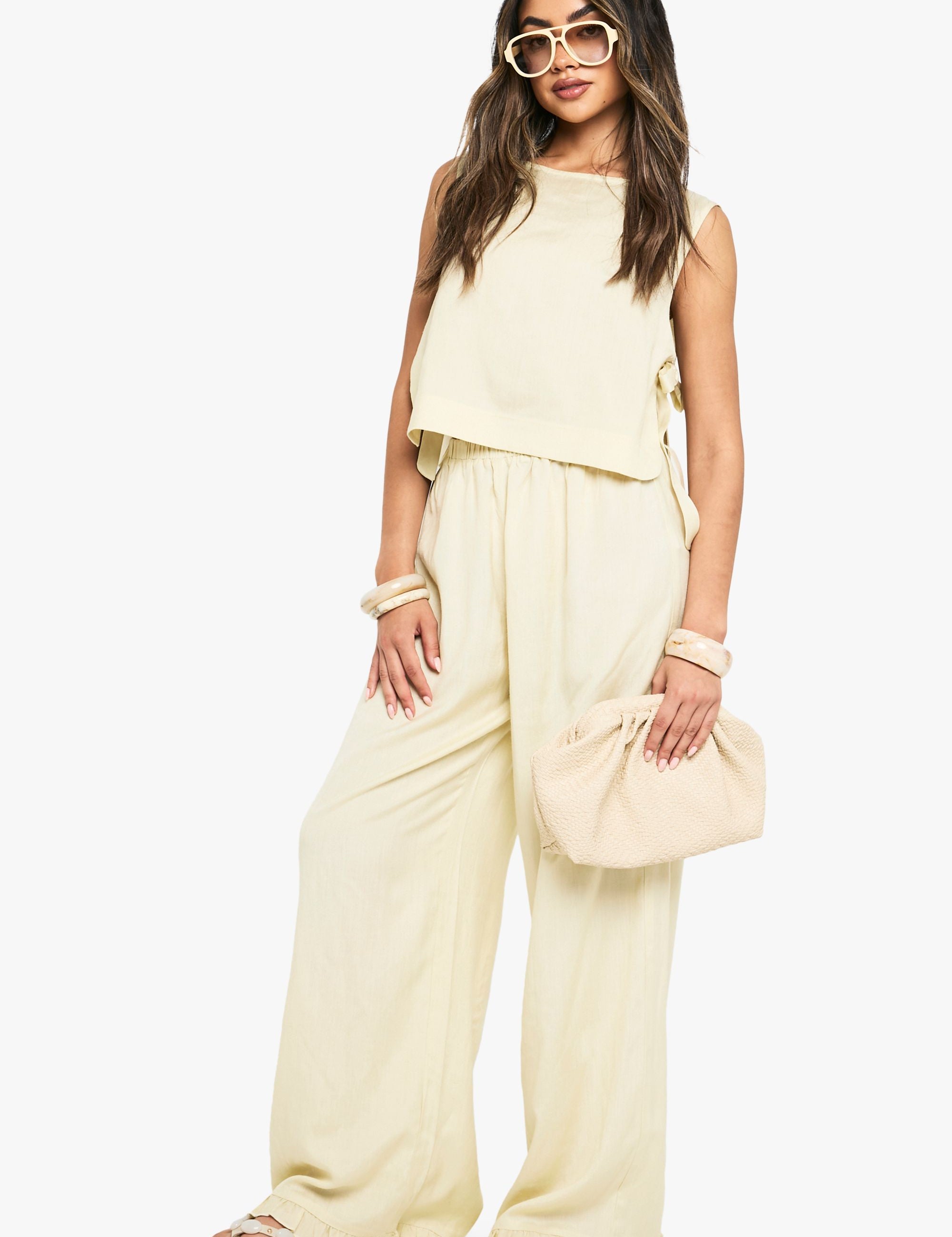 Linen Co-ord Set met Geknoopte Top en Wijde Broek