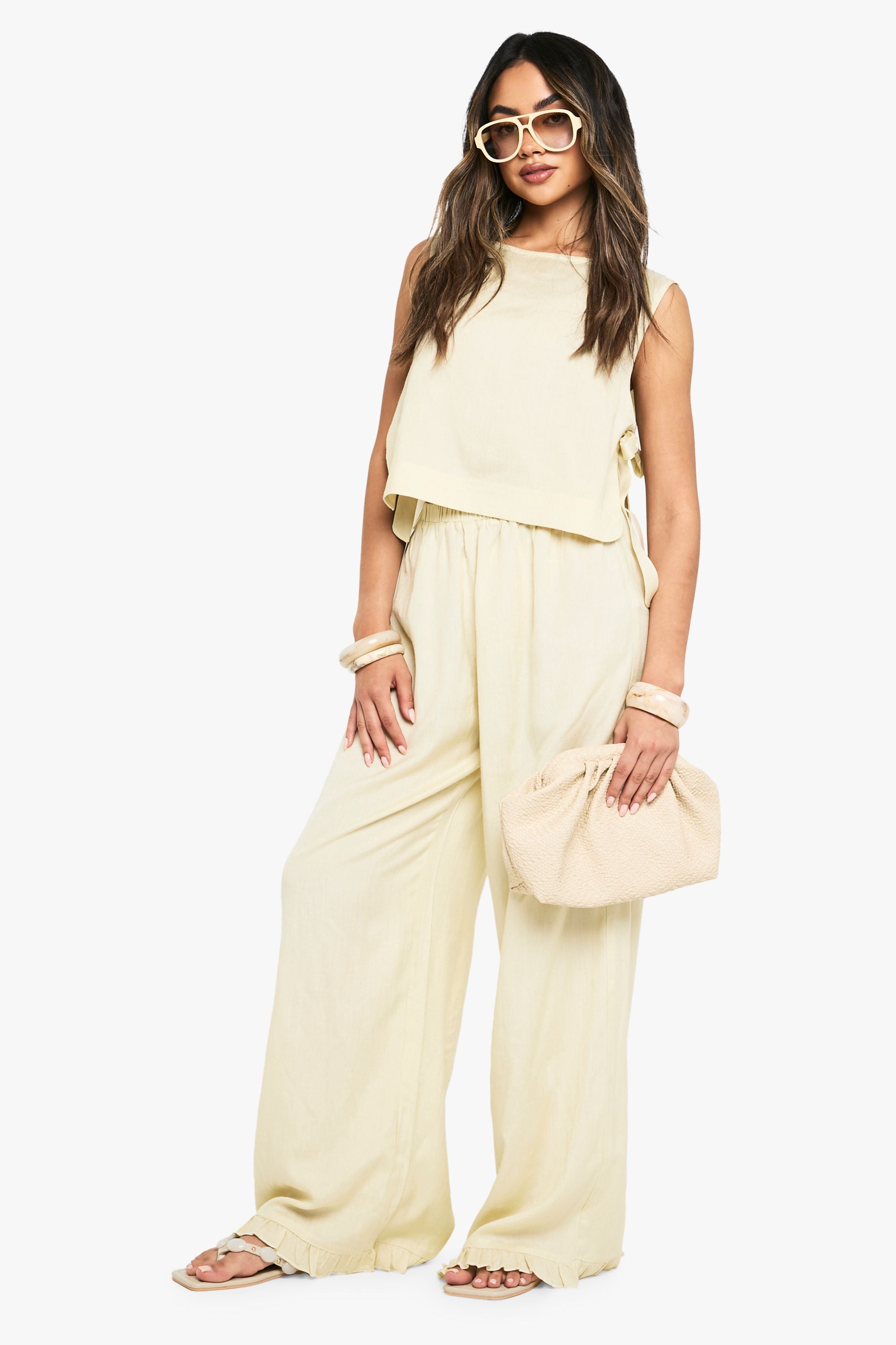 Linen Co-ord Set met Geknoopte Top en Wijde Broek