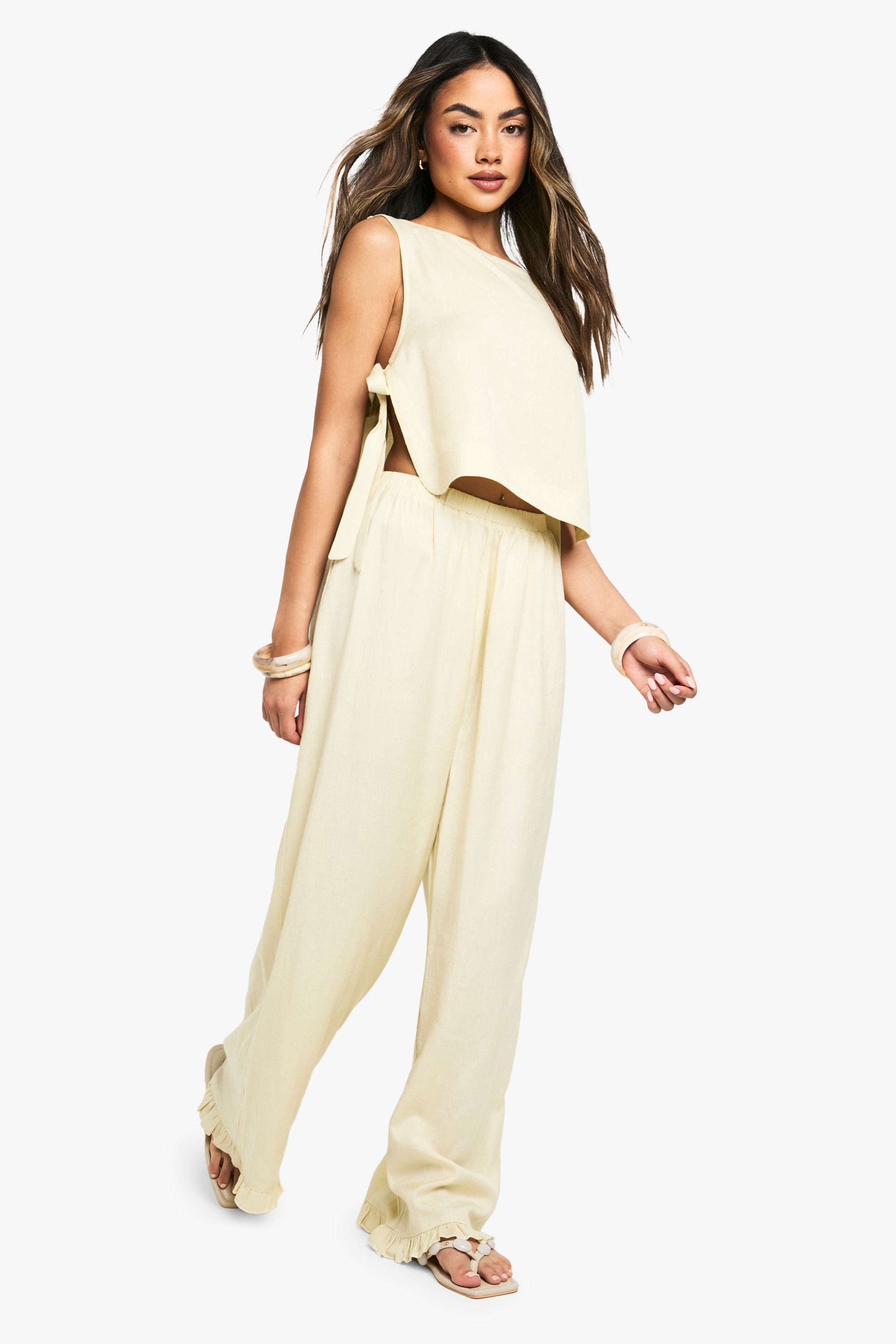 Linen Co-ord Set met Geknoopte Top en Wijde Broek