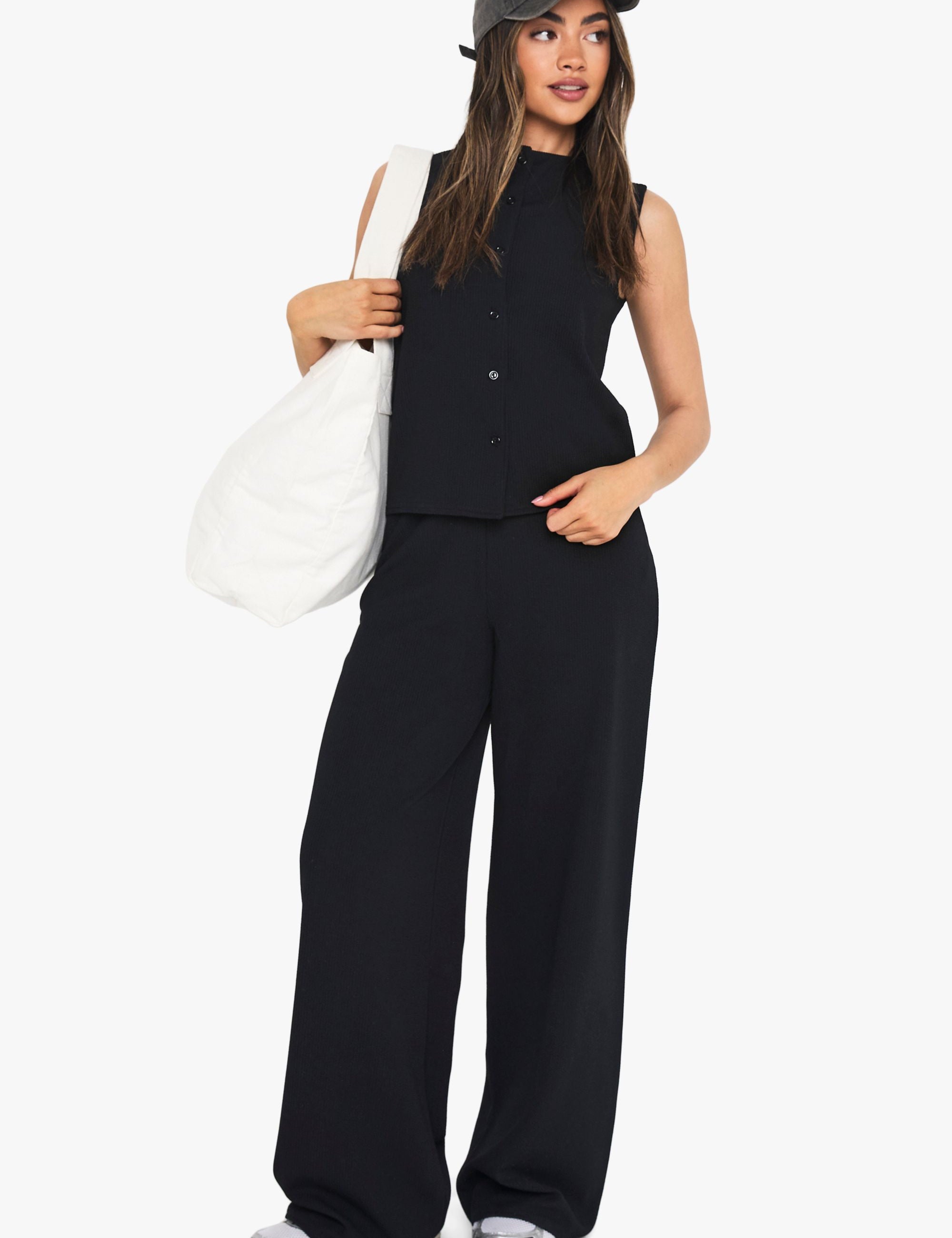 Gekreukte Rib Knoop Set: Top en Broek in Zand