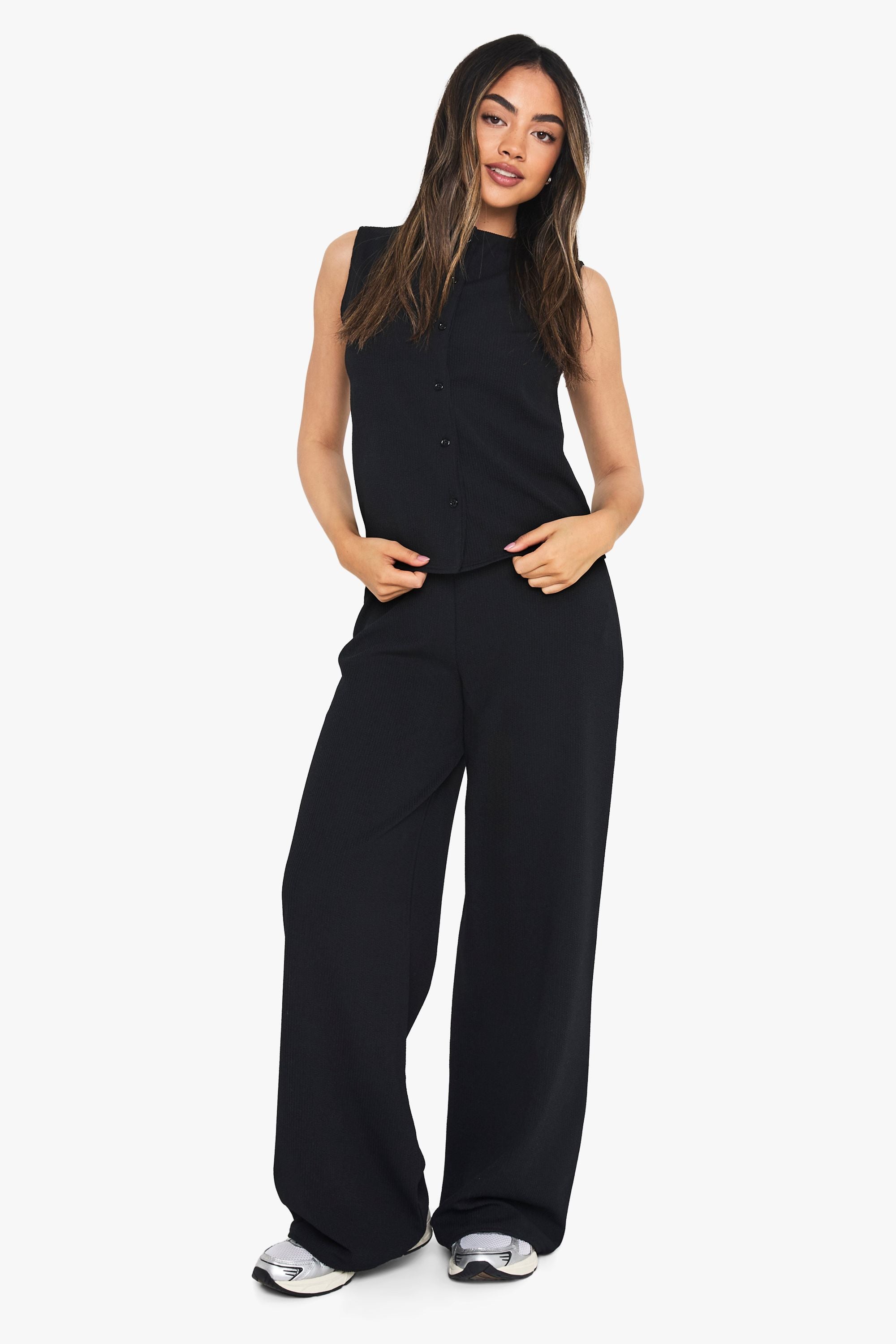 Gekreukte Rib Knoop Set: Top en Broek in Zand