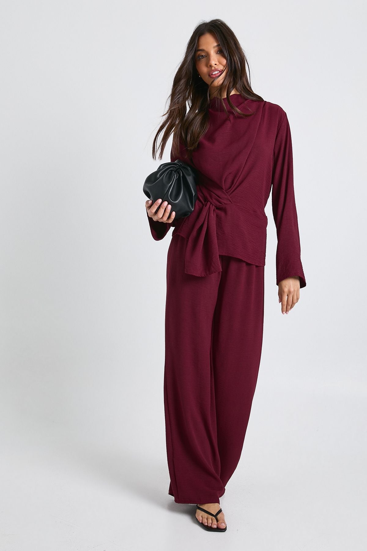Woven drapeer blouse & broek set in beige
