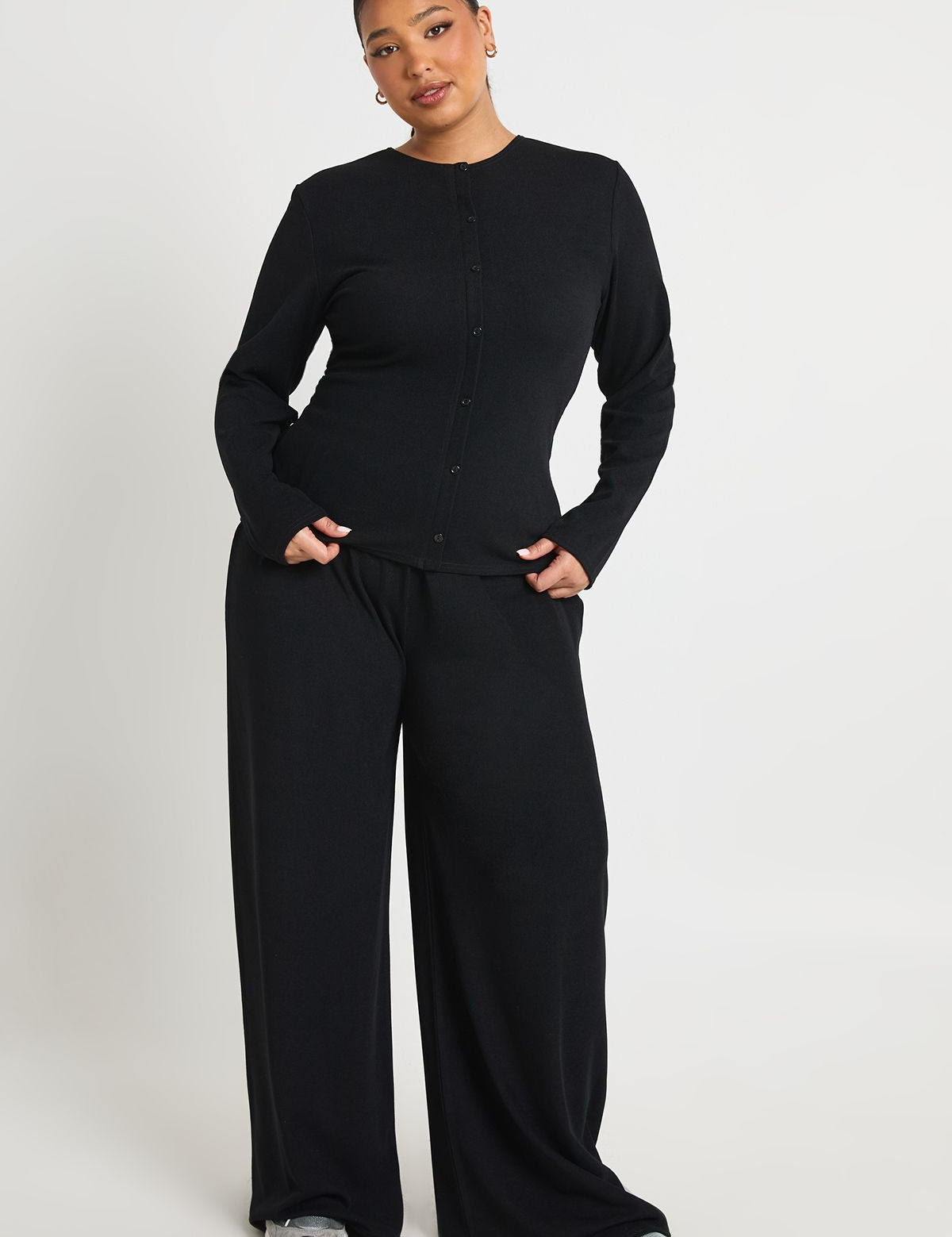 Geribbelde Buttondown Blouse & Broek Set - Warm Grijs