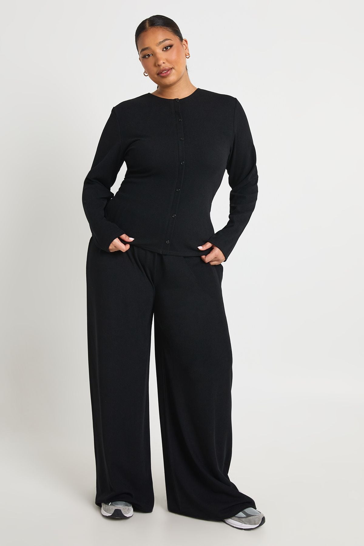 Geribbelde Buttondown Blouse & Broek Set - Warm Grijs