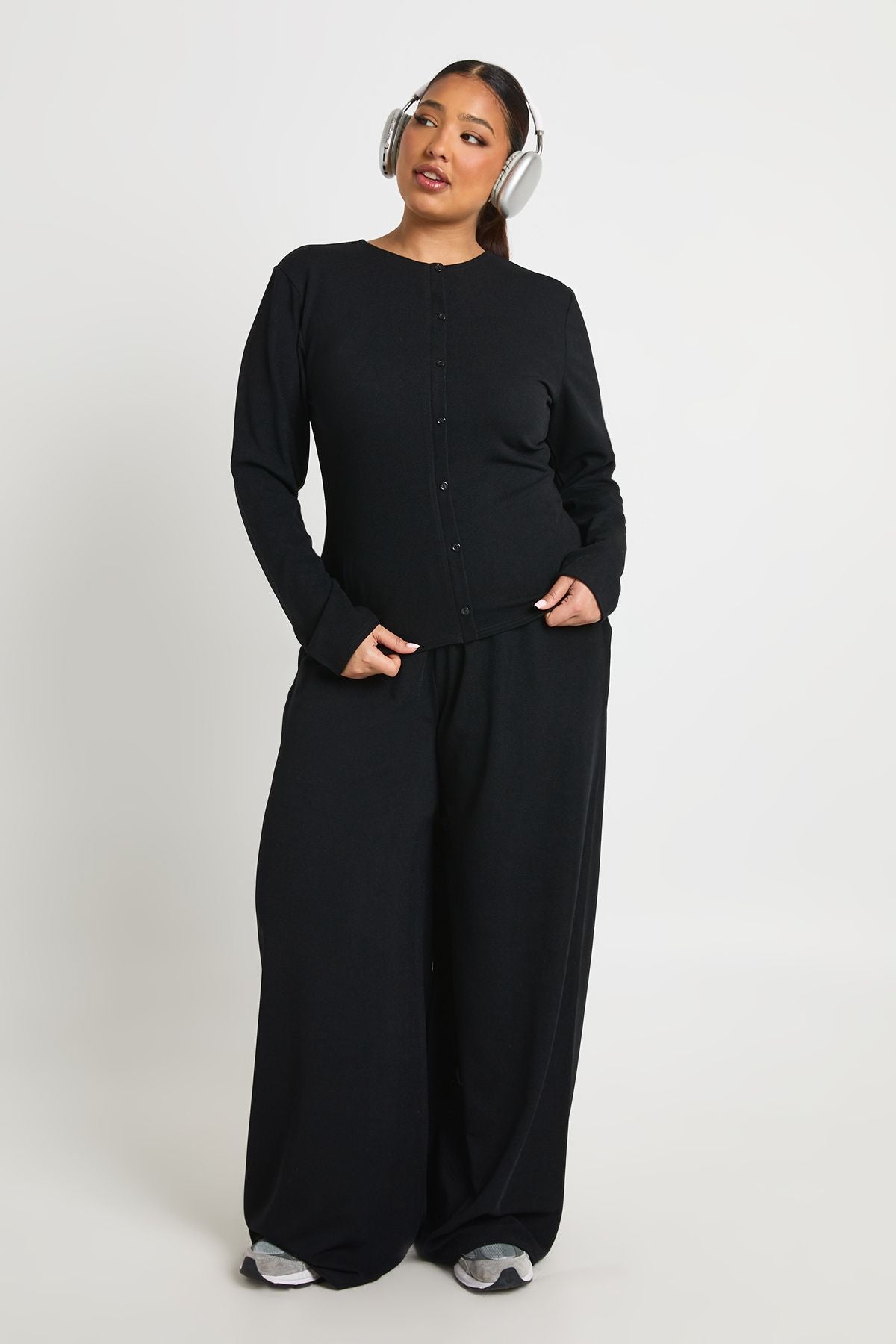 Geribbelde Buttondown Blouse & Broek Set - Warm Grijs