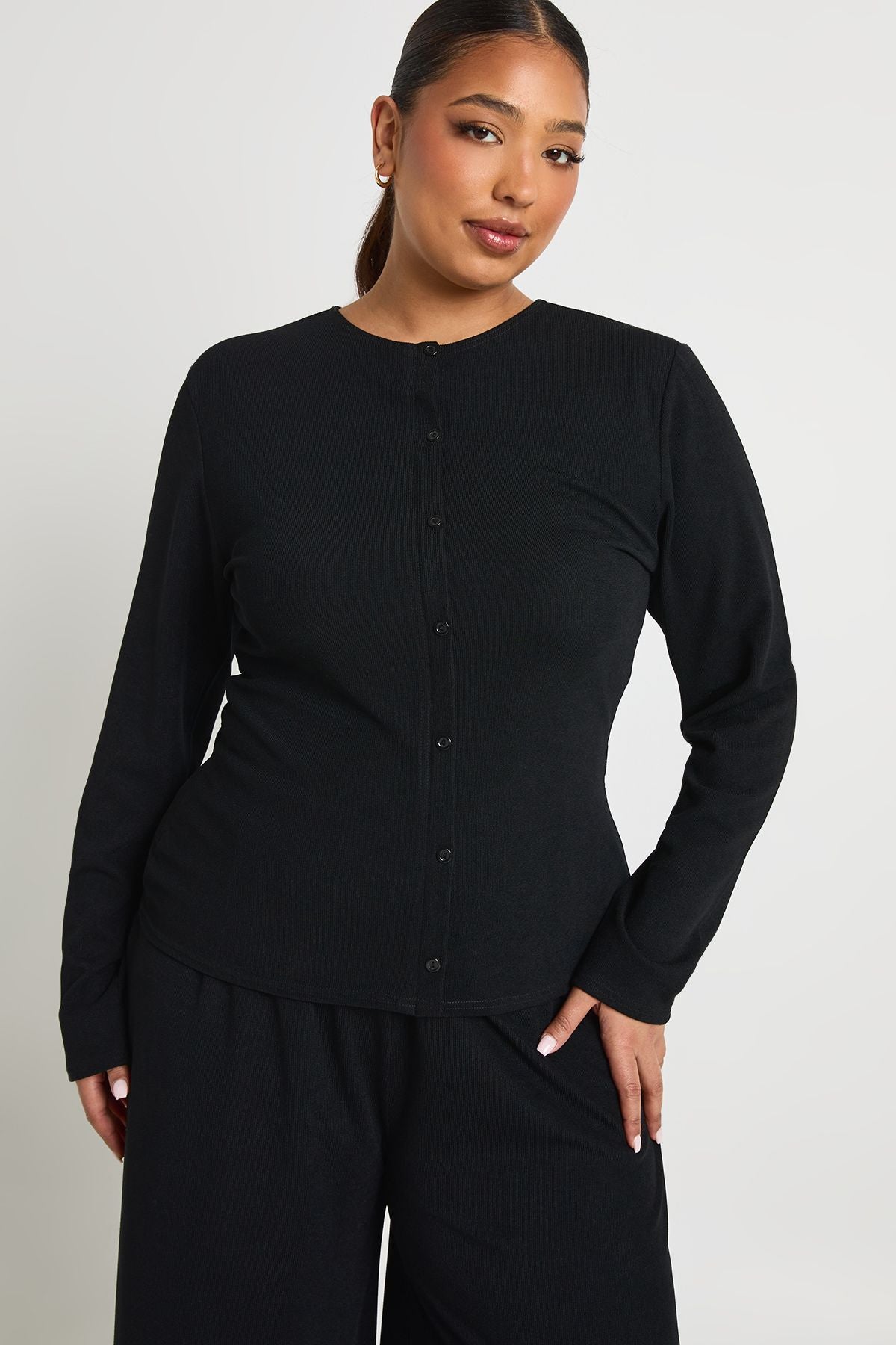 Geribbelde Buttondown Blouse & Broek Set - Warm Grijs