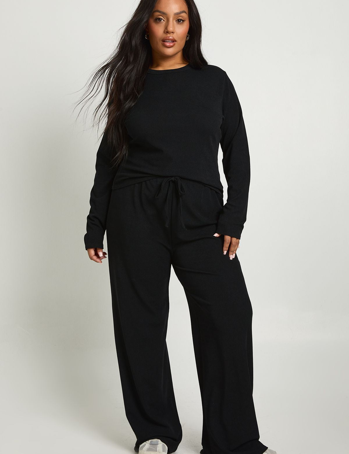Geribde Basic Lange Mouw Top & Elastische Taille Broek Set