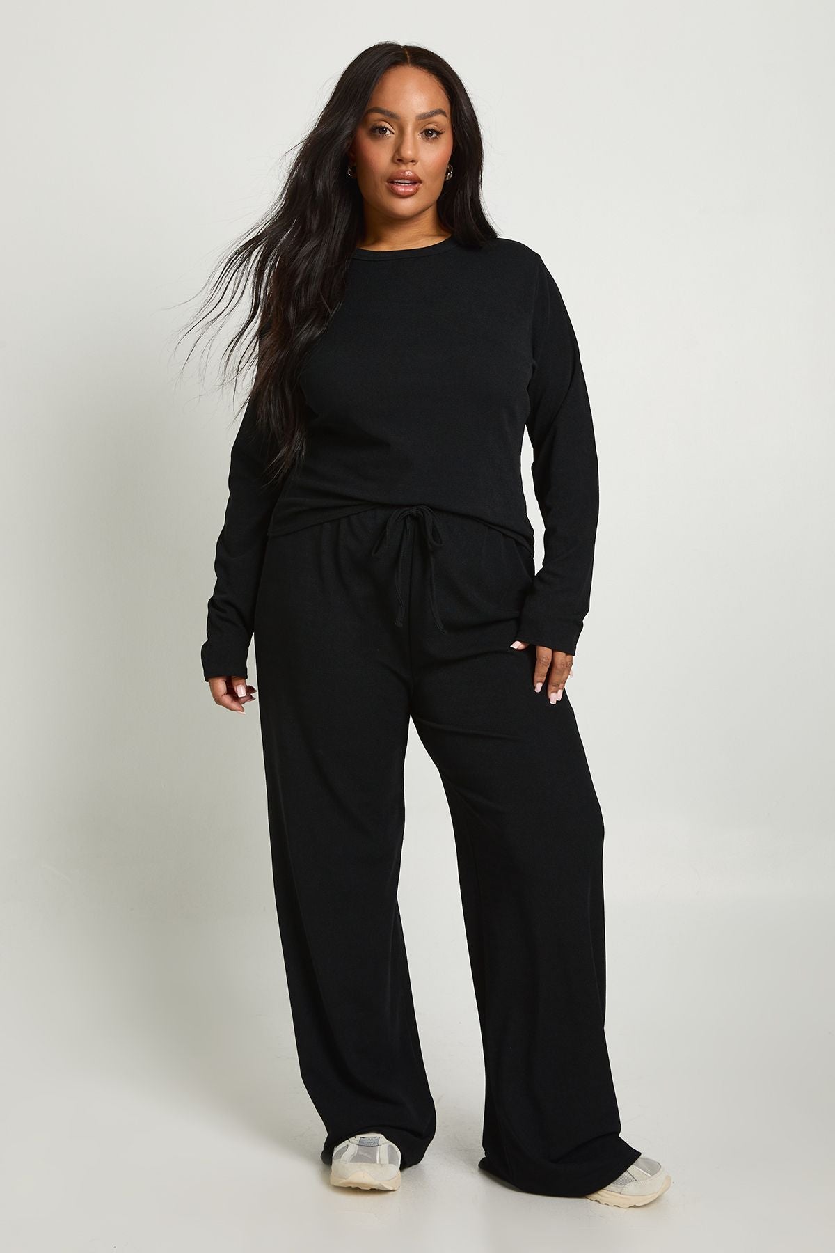 Geribde Basic Lange Mouw Top & Elastische Taille Broek Set