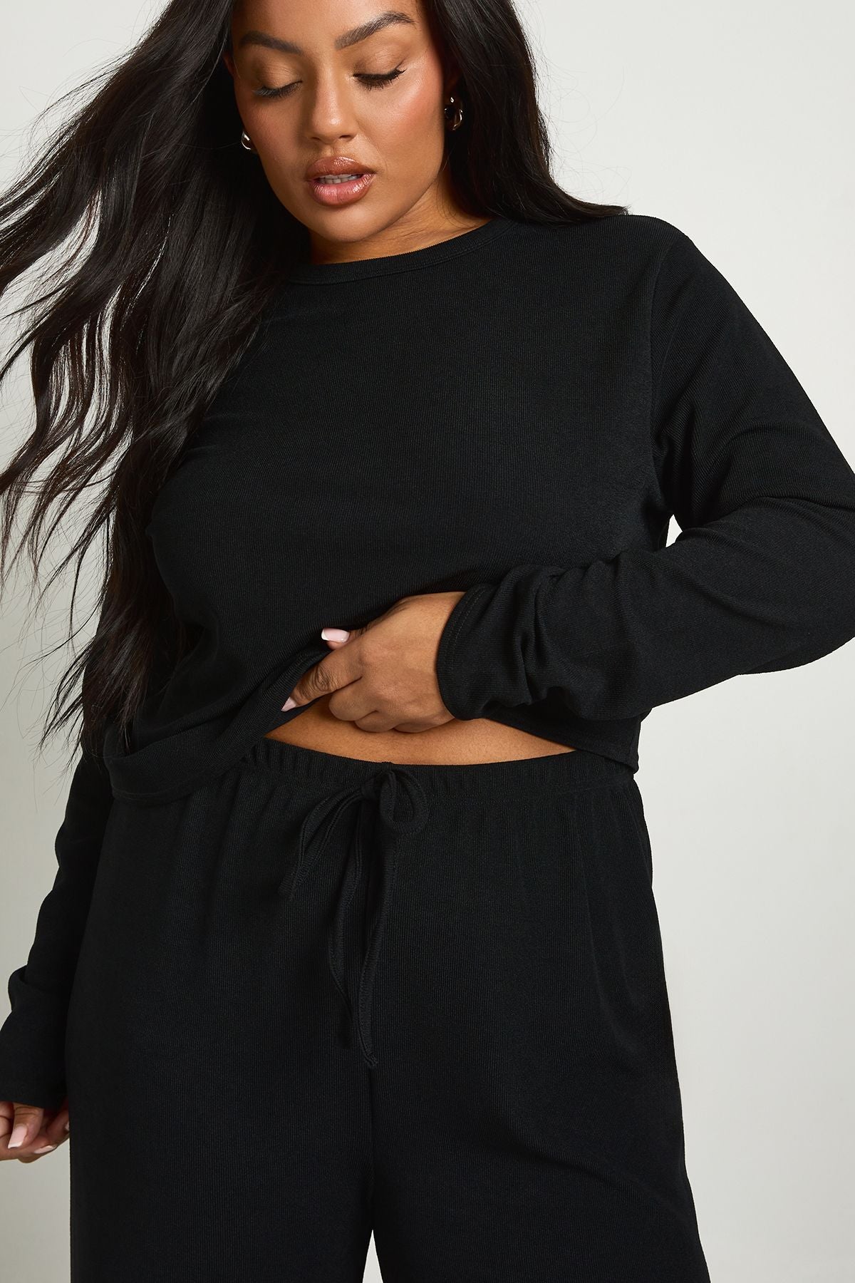 Geribde Basic Lange Mouw Top & Elastische Taille Broek Set