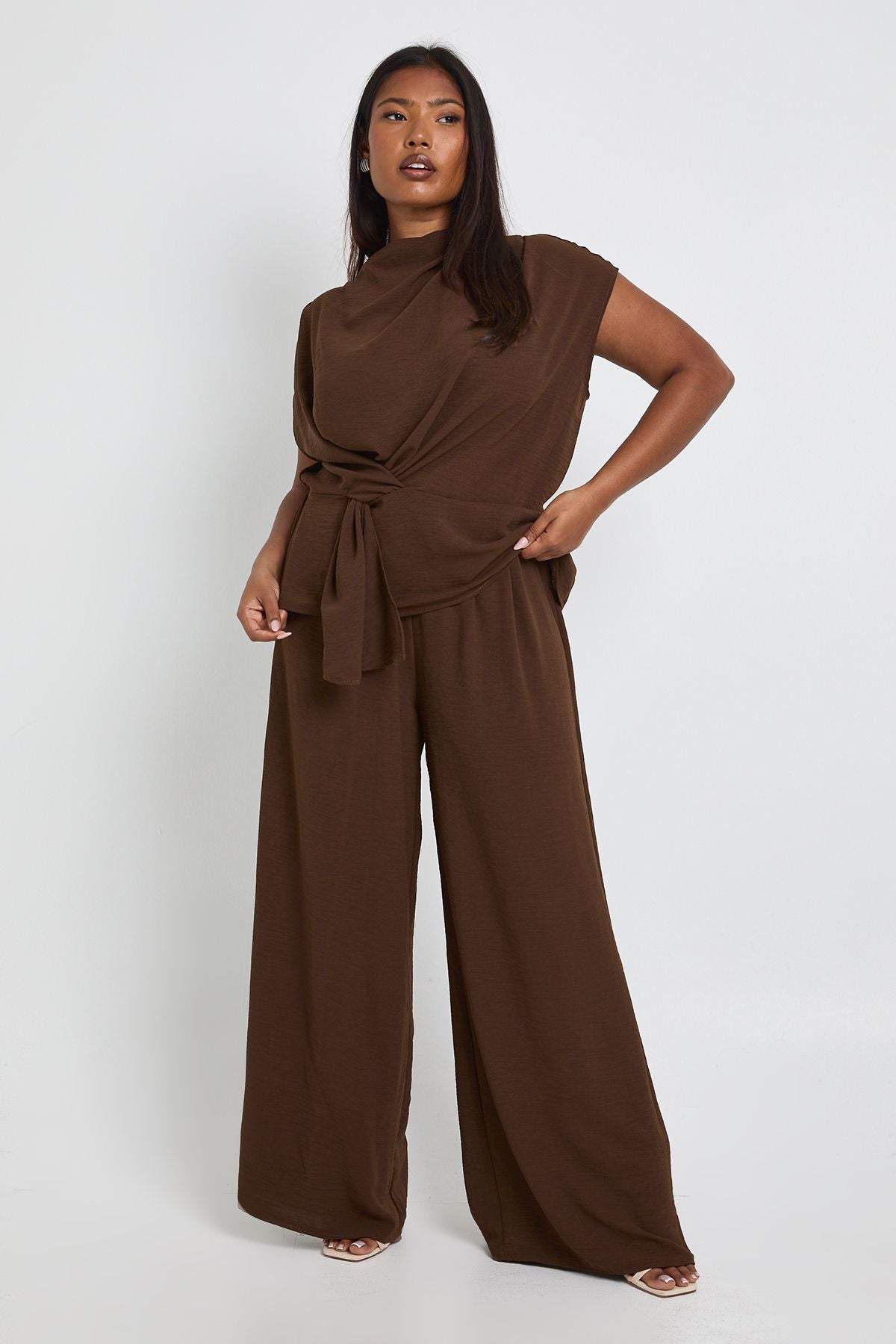 Woven Drape Blouse & Trouser Co-Ord in Plusmaten
