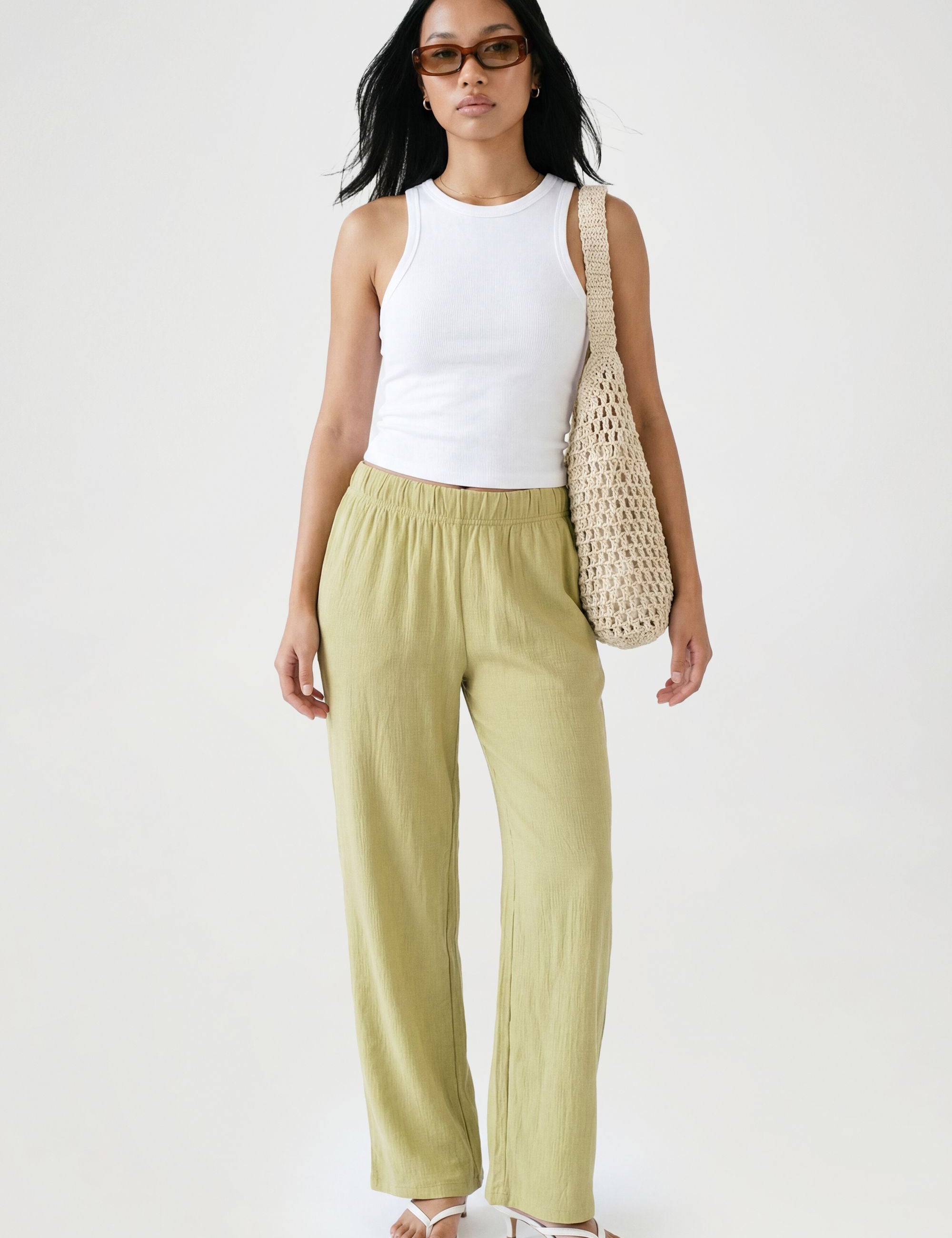 Basic Rib Wide Leg Broek in Zwart