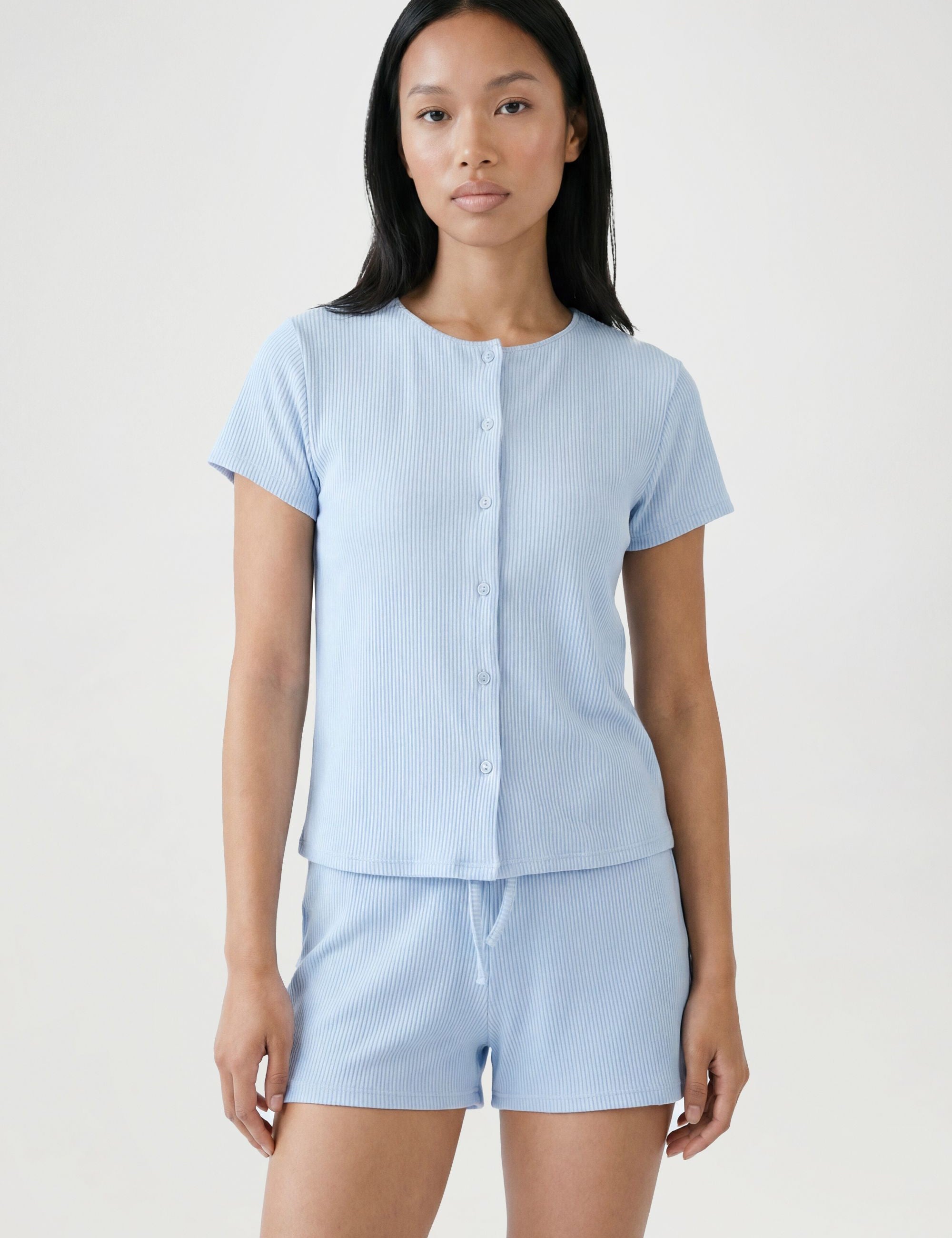 Crinkle Rib Knoopsluiting Top & Shorts Set met Korte Mouwen