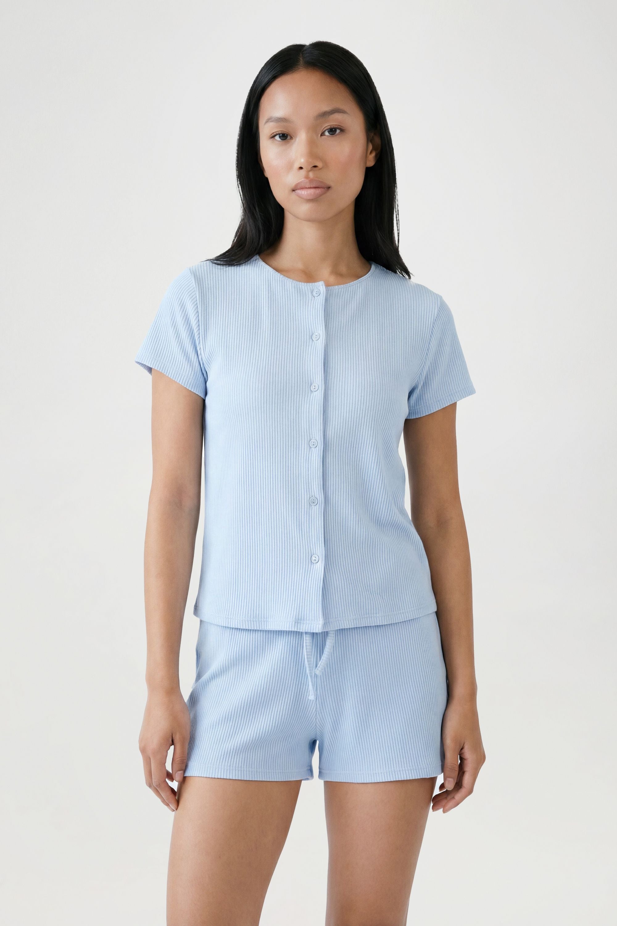 Crinkle Rib Knoopsluiting Top & Shorts Set met Korte Mouwen