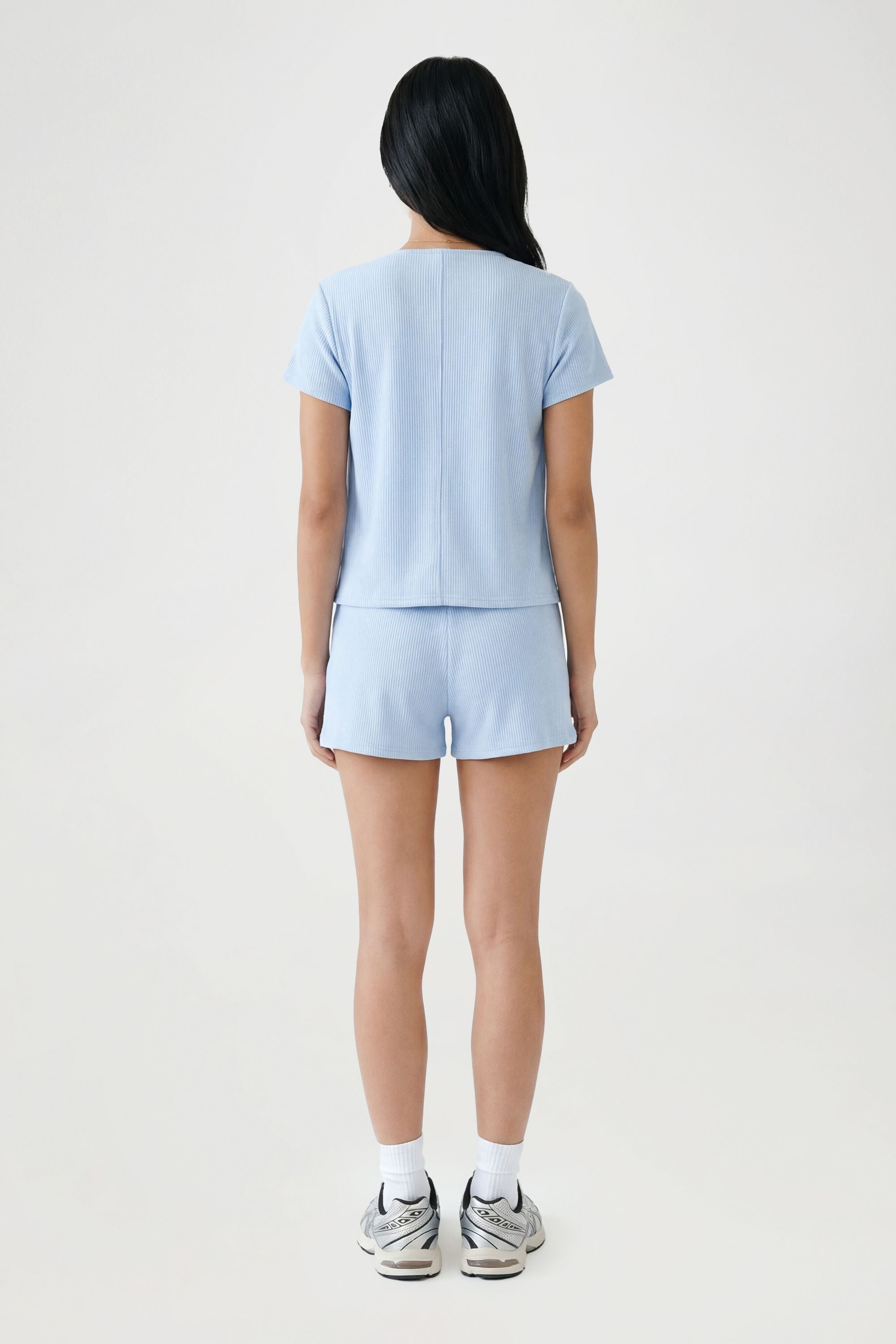 Crinkle Rib Knoopsluiting Top & Shorts Set met Korte Mouwen
