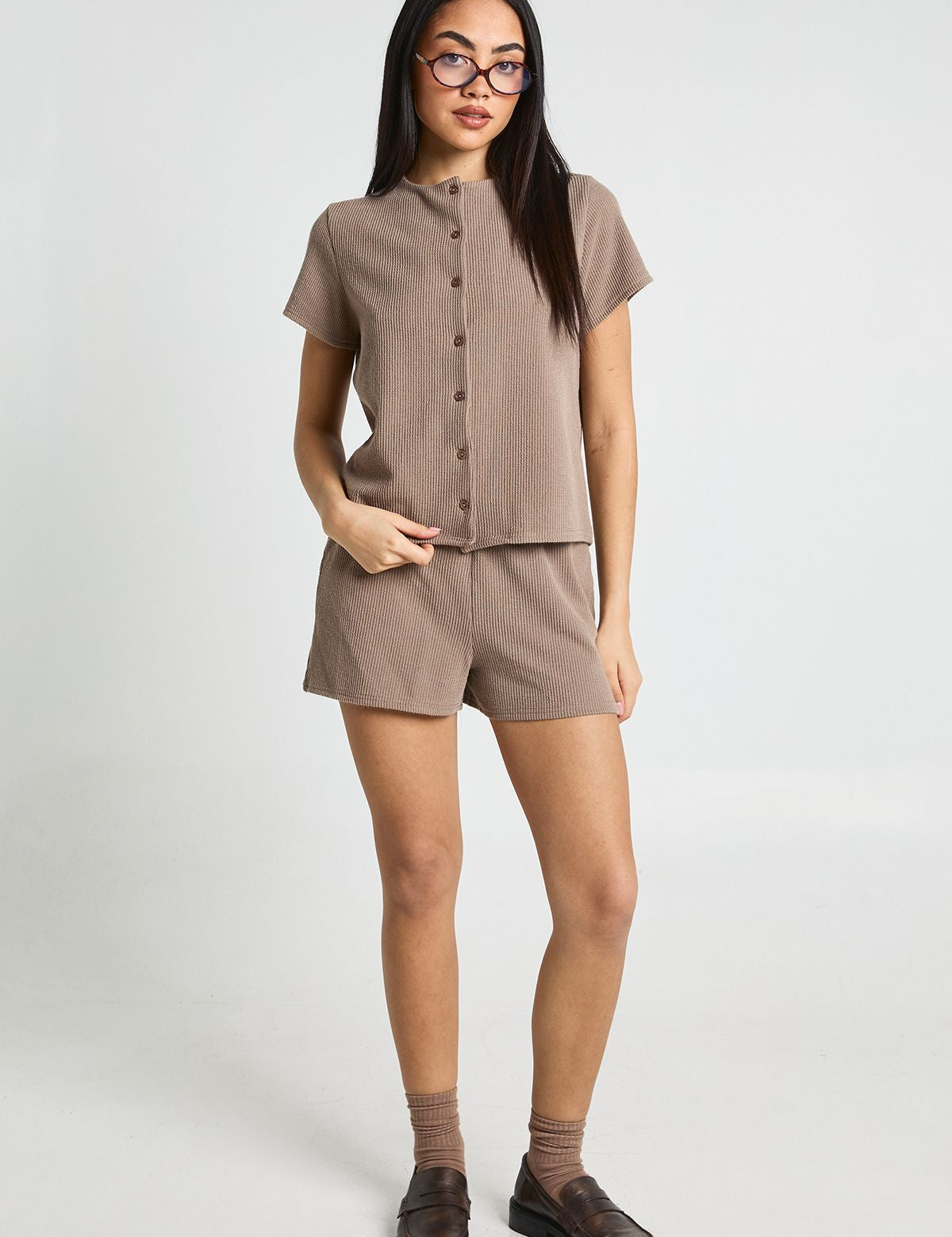Geribbelde Button-Through Top en Short Co-ord Set