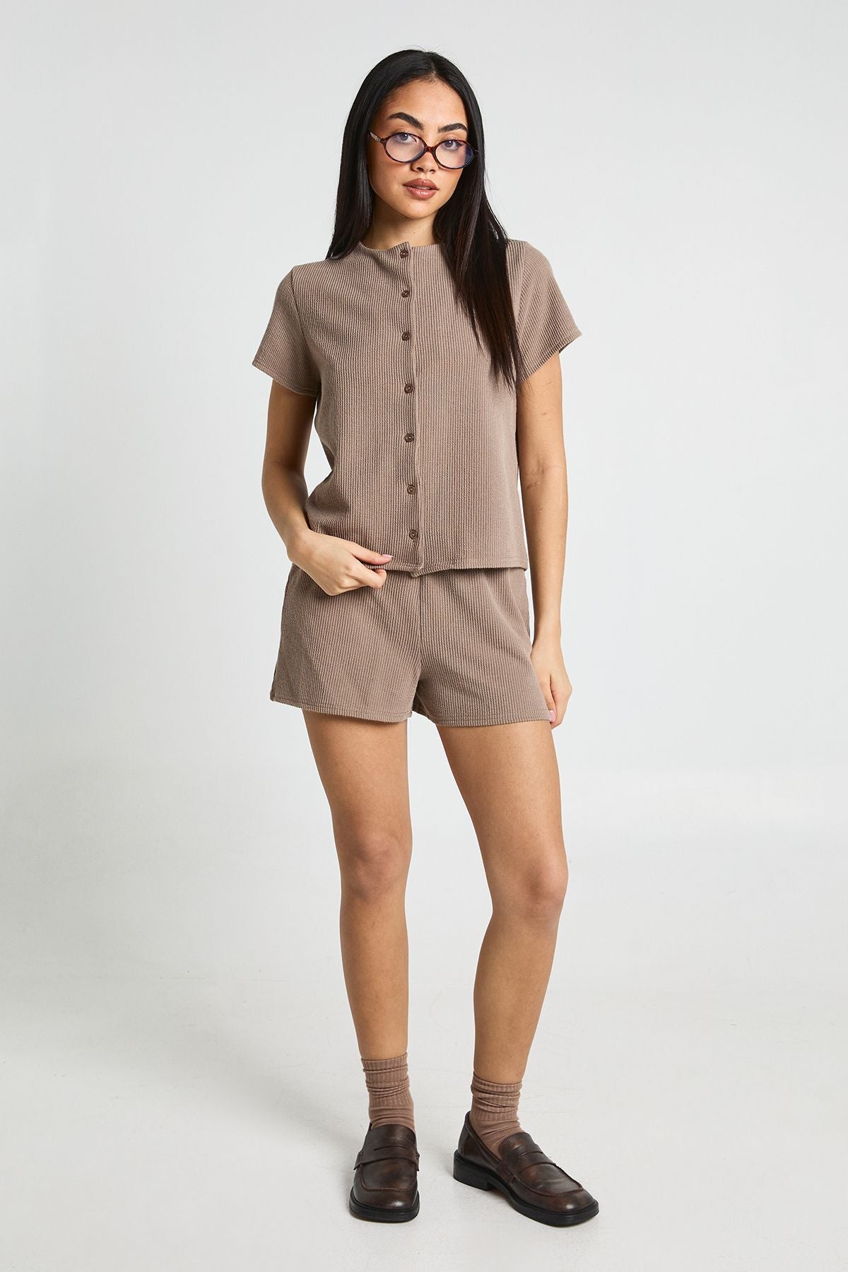 Geribbelde Button-Through Top en Short Co-ord Set