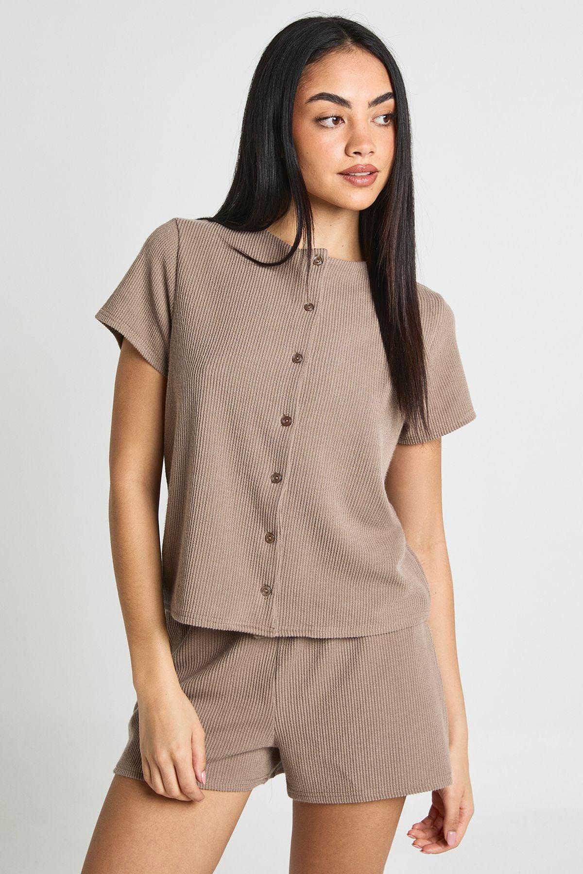 Geribbelde Button-Through Top en Short Co-ord Set