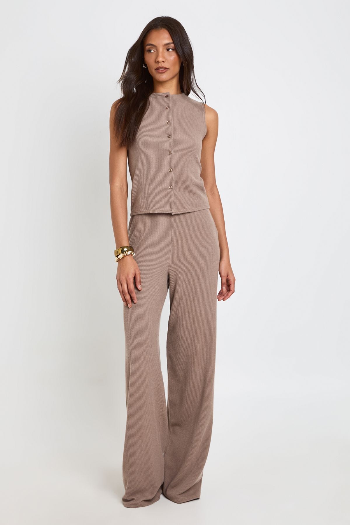 Crinkle Rib Set: Mouwloze Top en Broek in Taupe