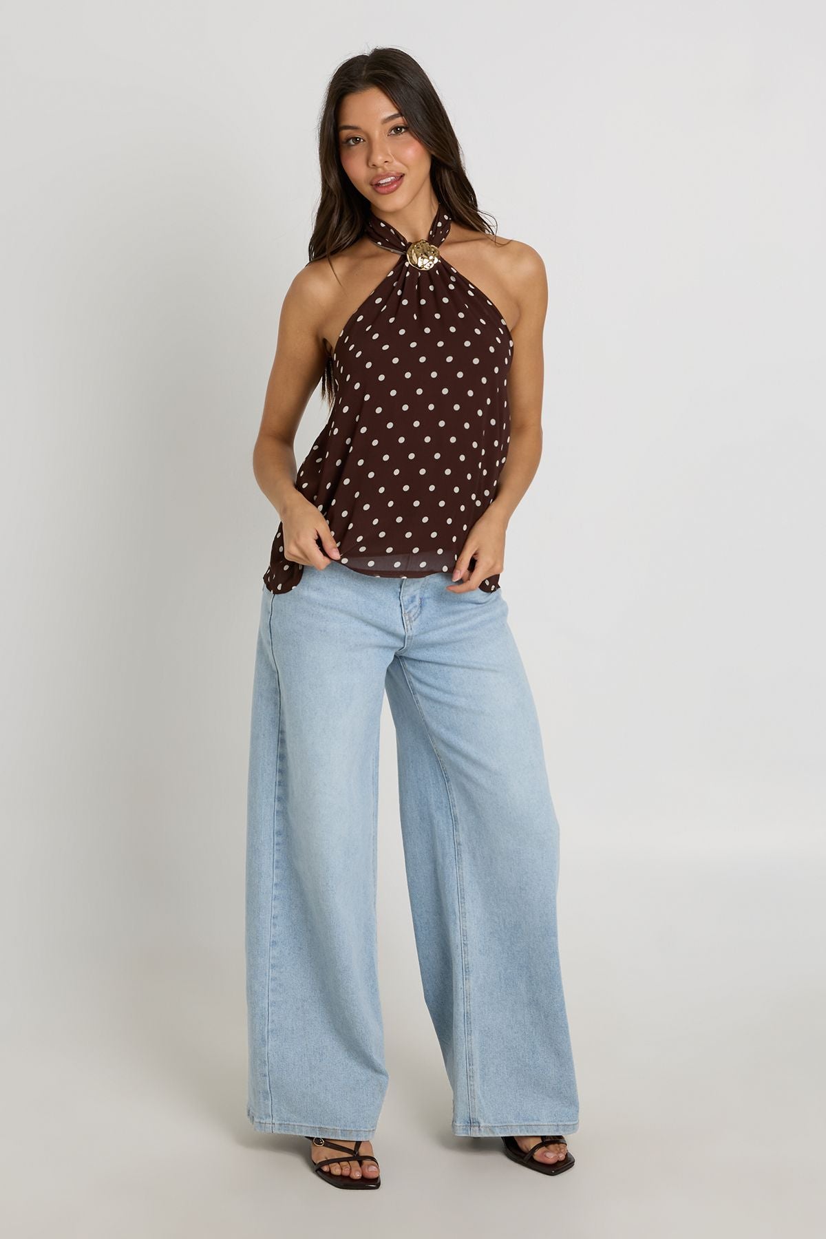 Polka Dot Halterneck Top met Goudrand in Chiffon