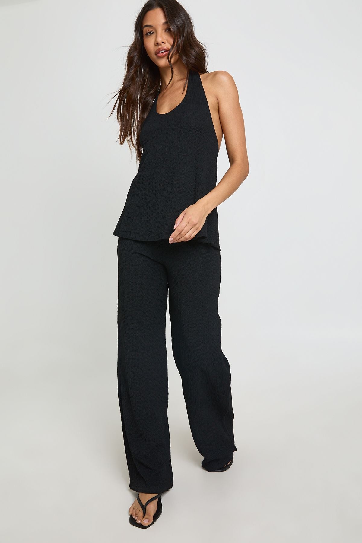 Crinkle Co-ord Set: Scoop Neck Vest en Wide Leg Broek
