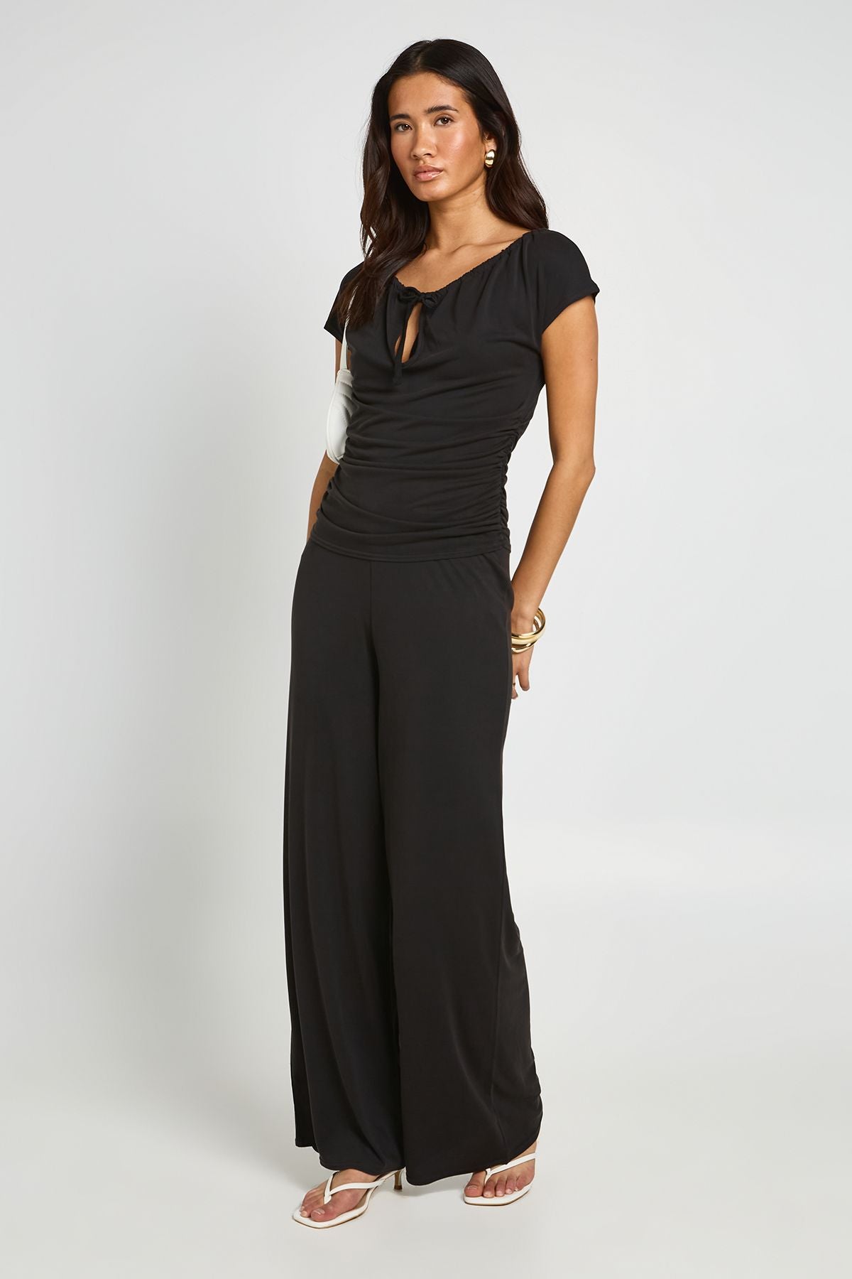 Modal Tie-Keyhole Top met Wide Leg Broek Set