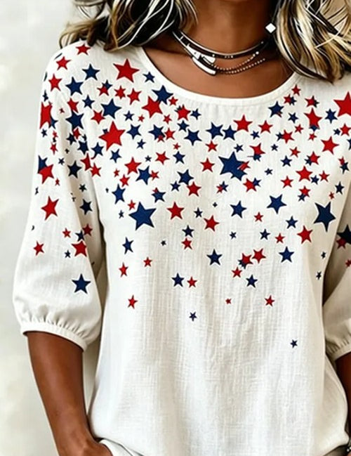 Crew Neck Blouse met Sterrenprint Korte Mouwen
